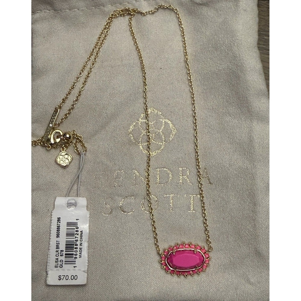 Kendra Scott Elisa Color Burst Frame Necklace Neon Pink Magnesite in Gold NEW